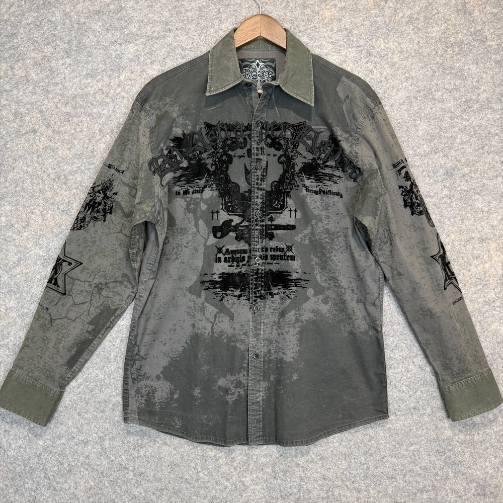 Roar Button Graphic Shirt Mens 2XL (fits like XL) Wings Grunge Goth Y2K Edgy